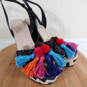 Kate Spade Delancey Womens Size 7 M Wedge Sandal Platform Tassel Pom Pom Chevron